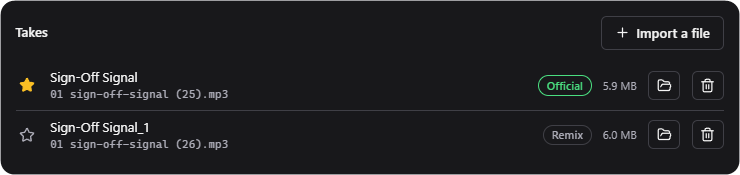Two takes of Sign-Off Signal: the first starred and marked Official, the second marked Remix.