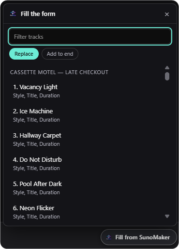 The extension's Fill the form picker in Suno, listing the tracks of Late Checkout and the fields each one fills.