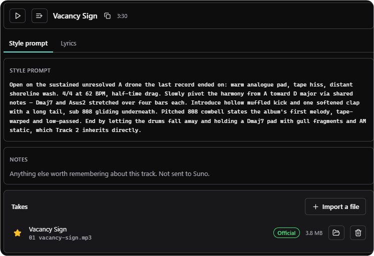 The track Vacancy Sign, 3:30, with its Style prompt and Lyrics tabs, its notes, and its takes.
