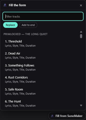 The Fill the form picker with Replace selected, listing the tracks of Primlocked, The Long Quiet. Each track shows Lyrics, Style, Title, Duration beneath it.