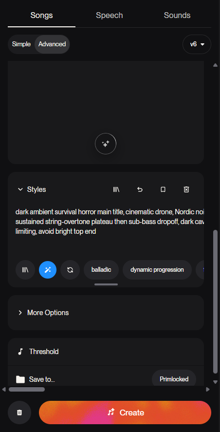 Suno's create form after choosing Threshold: the style prompt is filled in and the song title reads Threshold.