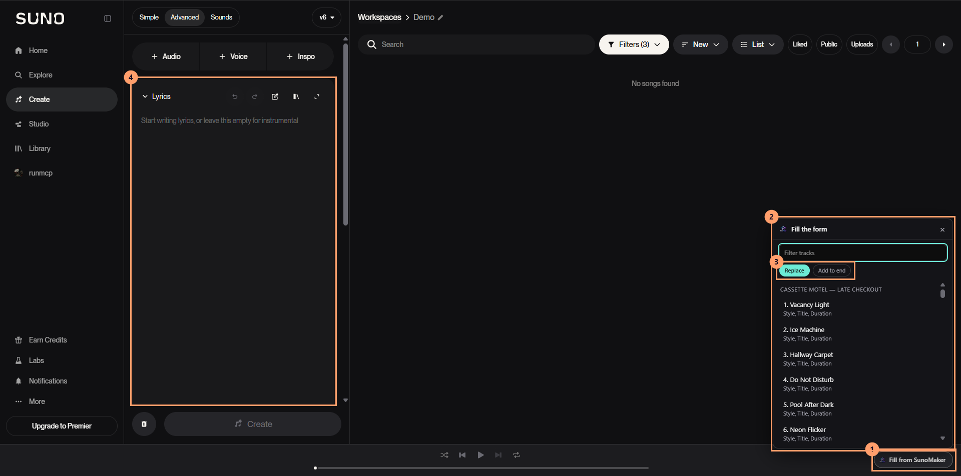 Suno's Create page with the AIMusicMaker extension's Fill the form picker open, listing the tracks of Late Checkout.