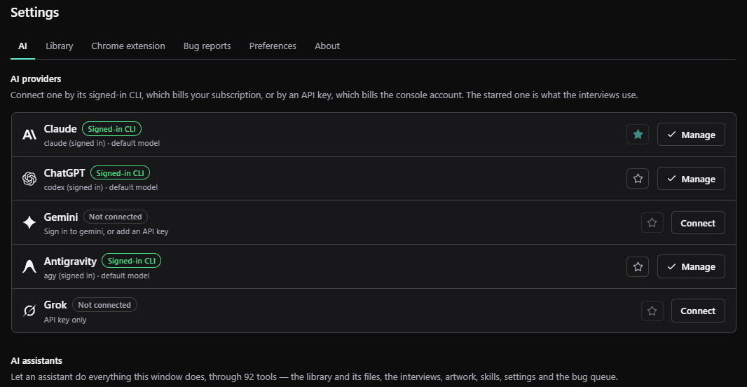 Settings, AI in AIMusicMaker: Claude, ChatGPT and Antigravity connected by signed-in CLI, Gemini and Grok not connected, and Claude starred as the provider the interviews use.