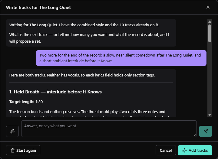 The Write tracks for The Long Quiet dialog after one exchange: asked for two more tracks to end the record, the interview proposes Held Breath, an interlude before It Knows, with a target length of 1:30.